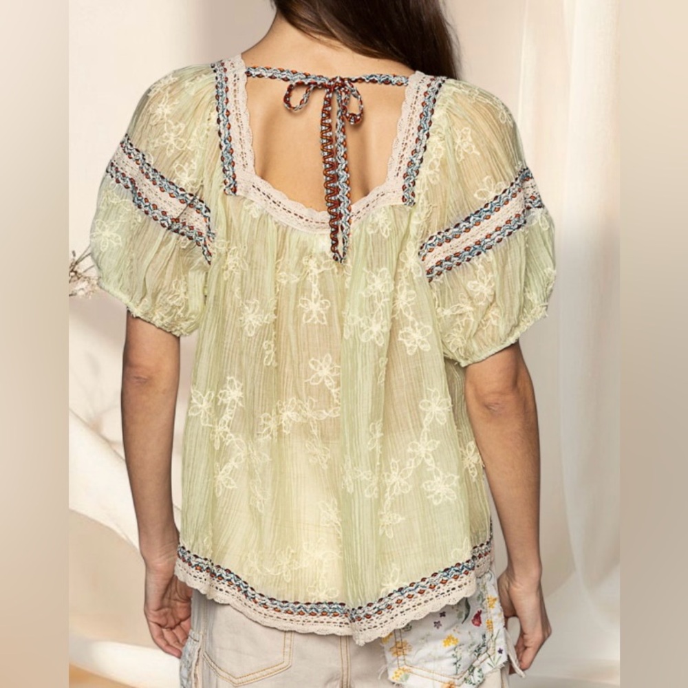 POL Sheer Sage Embroidered Lace Top | Romantic Bohemian Blouse - Picture 3 of 8